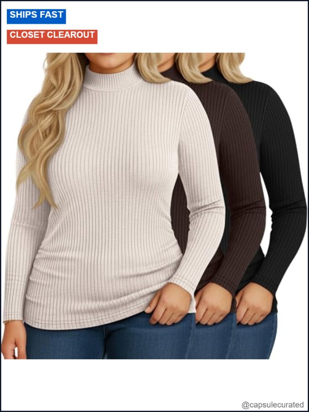 Plus Size Ribbed Turtleneck Top 3 Pack Long Sleeve Slim Fit